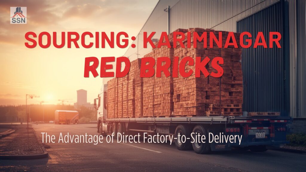 Loading high-quality Karimnagar red bricks for site delivery in Hyderabad from SSN Constructions factory.