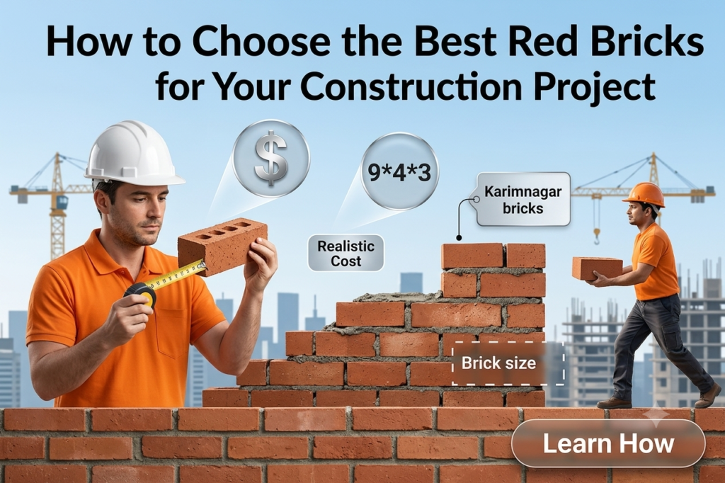 SSN Constructions, a premier Karimnagar red bricks supplier in Hyderabad, showing bulk inventory at the manufacturing yard.