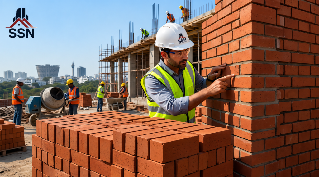 Premium Karimnagar red clay bricks showing high-quality construction bricks with sharp edges and standard 9x4x3 dimensions for building projects in Hyderabad.