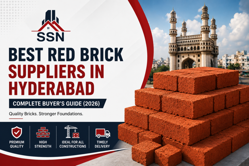 Best Red Brick Suppliers in Hyderabad – Complete Buyer's Guide 2026 by SSN Constructions featuring genuine Karimnagar red bricks and Hyderabad skyline.