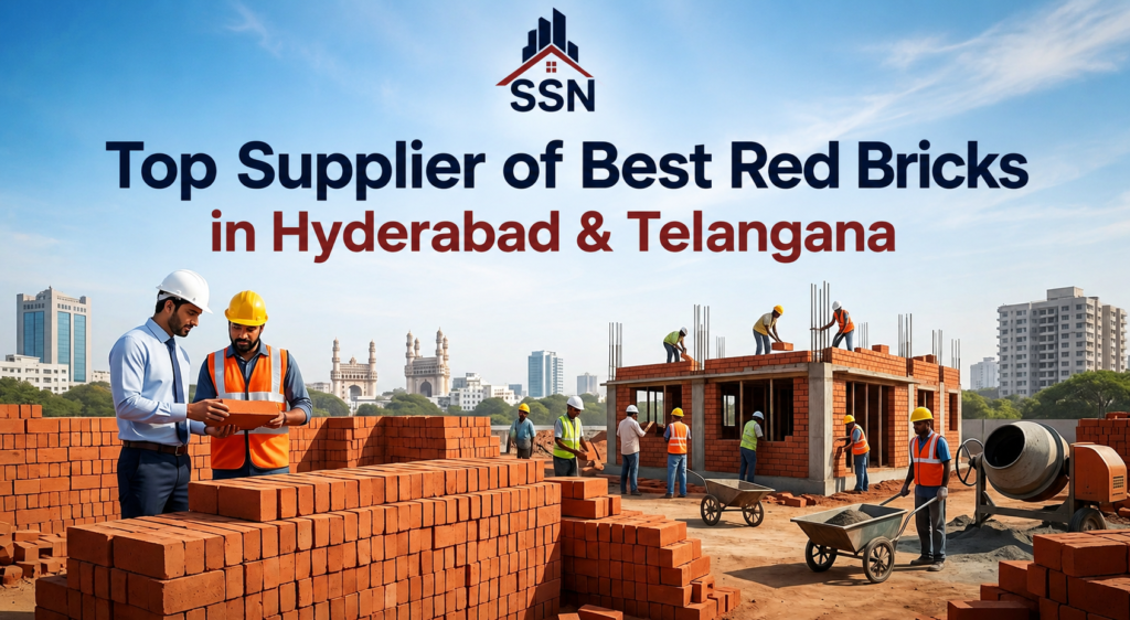 A professional construction site banner showing expert builders examining high-quality red clay bricks with the Hyderabad cityscape background, representing SSN Constructions as the top supplier in Telangana.