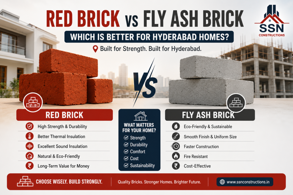 Red clay bricks vs fly ash bricks comparison on a Hyderabad residential construction site