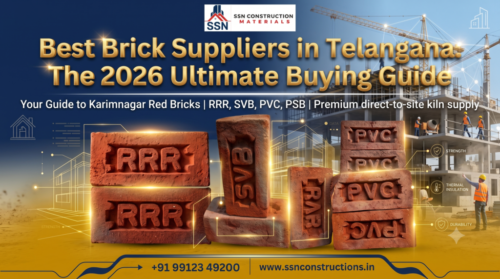 Karimnagar Red Bricks RRR, SVB, and PVC stacked at a Hyderabad construction site by SSN Constructions